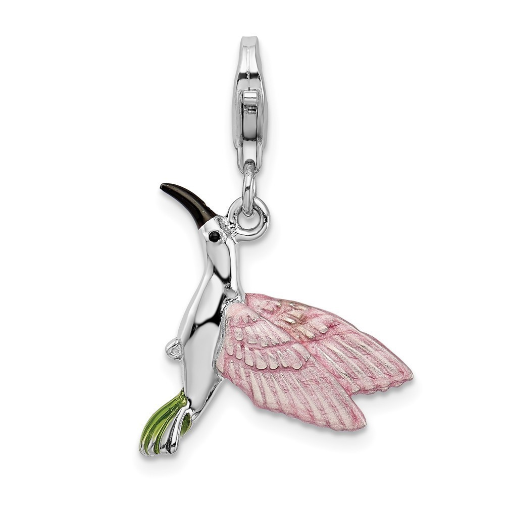 Sterling Silver Polished 3-D Enameled Hummingbird Bracelet Charm Lobster Clasp